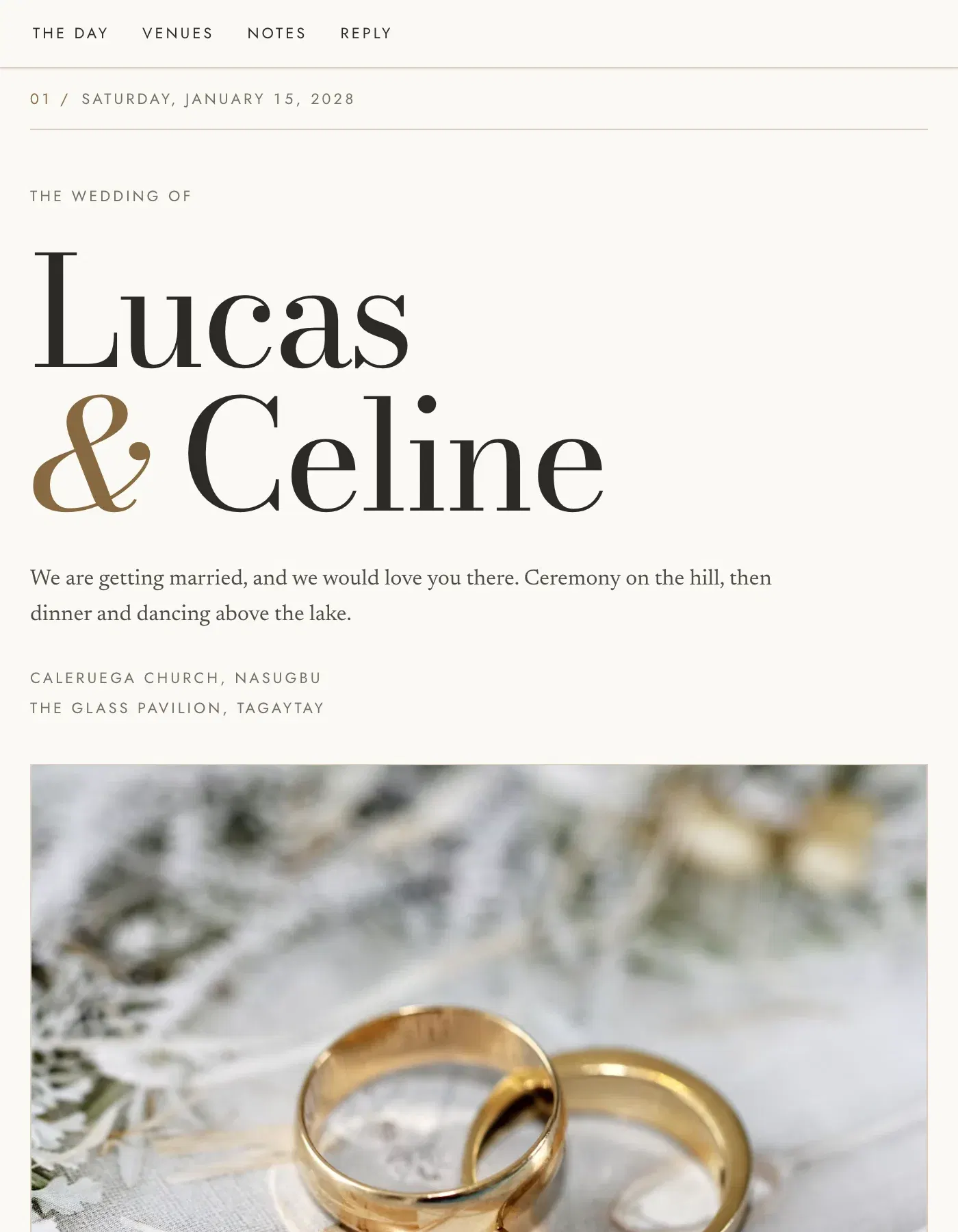The Atelier wedding invitation template, as a live sample