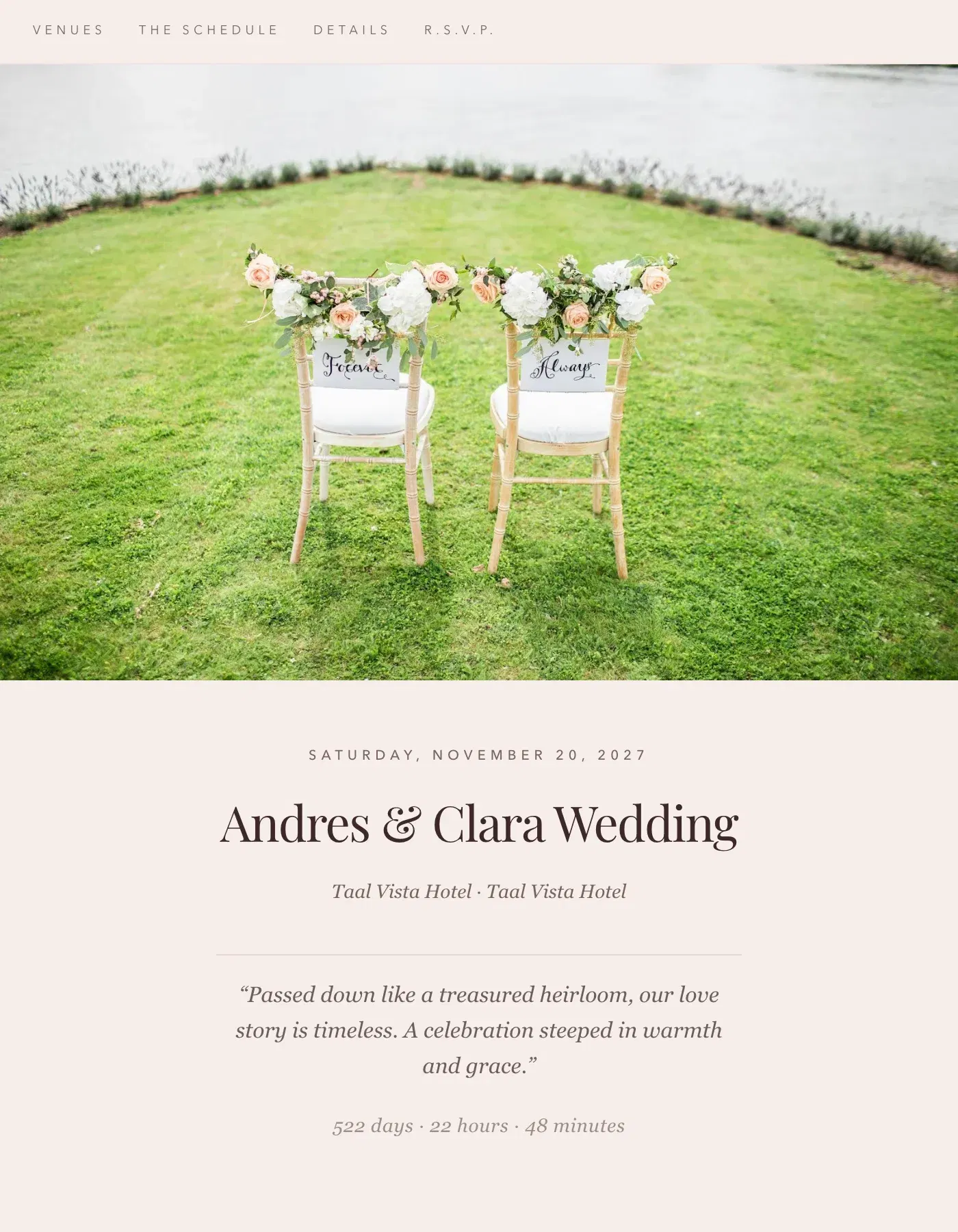 The Heirloom wedding invitation template, as a live sample