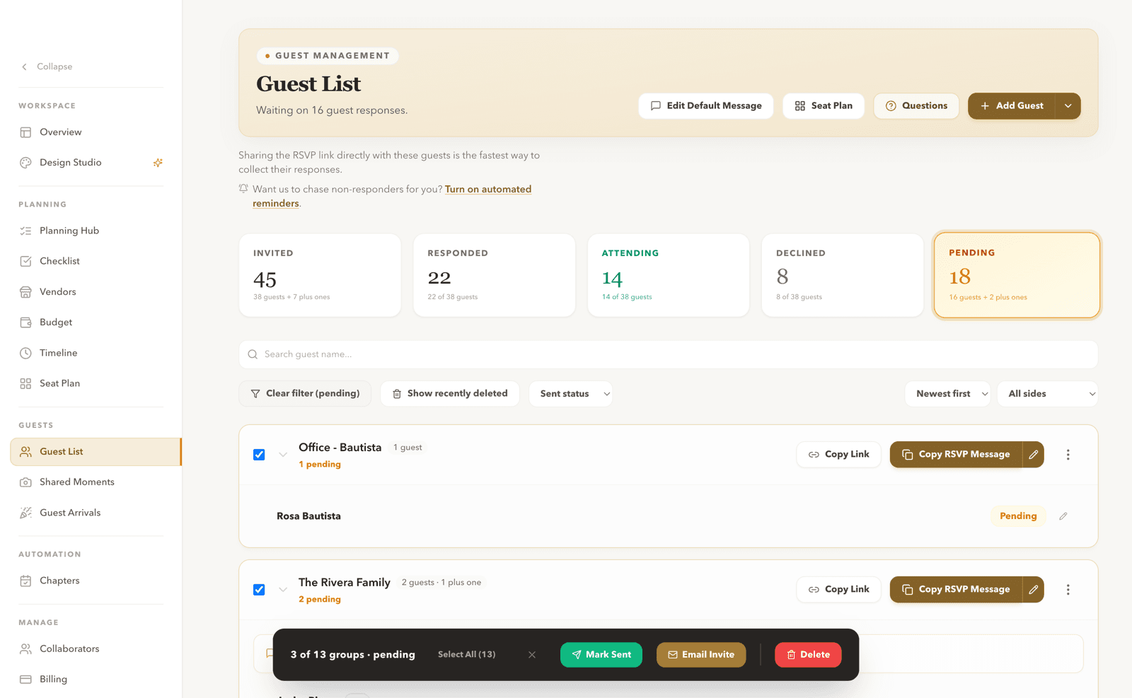 Ceremo guest invitation email with personal RSVP link and calendar invite