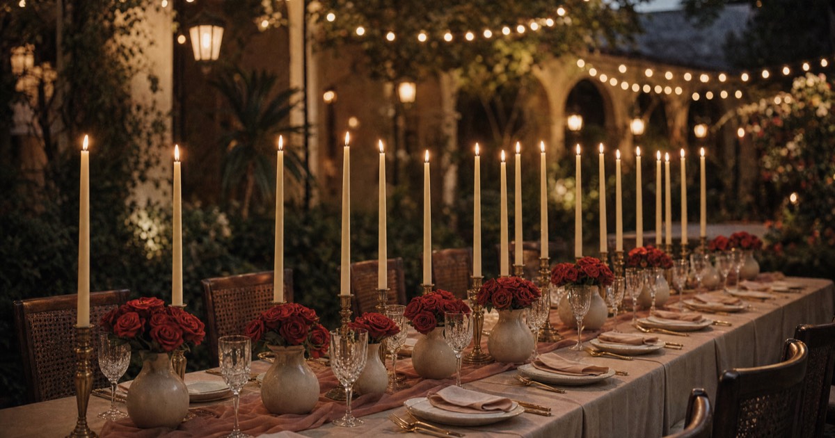 Debut celebration table with lit candles on a gold candelabra beside red roses, warm ambient lighting