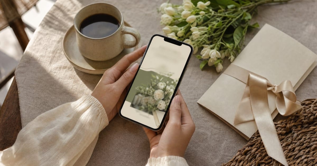 Hands holding a phone showing a cream and sage wedding invitation, beside coffee, white flowers and a ribboned envelope on a linen table