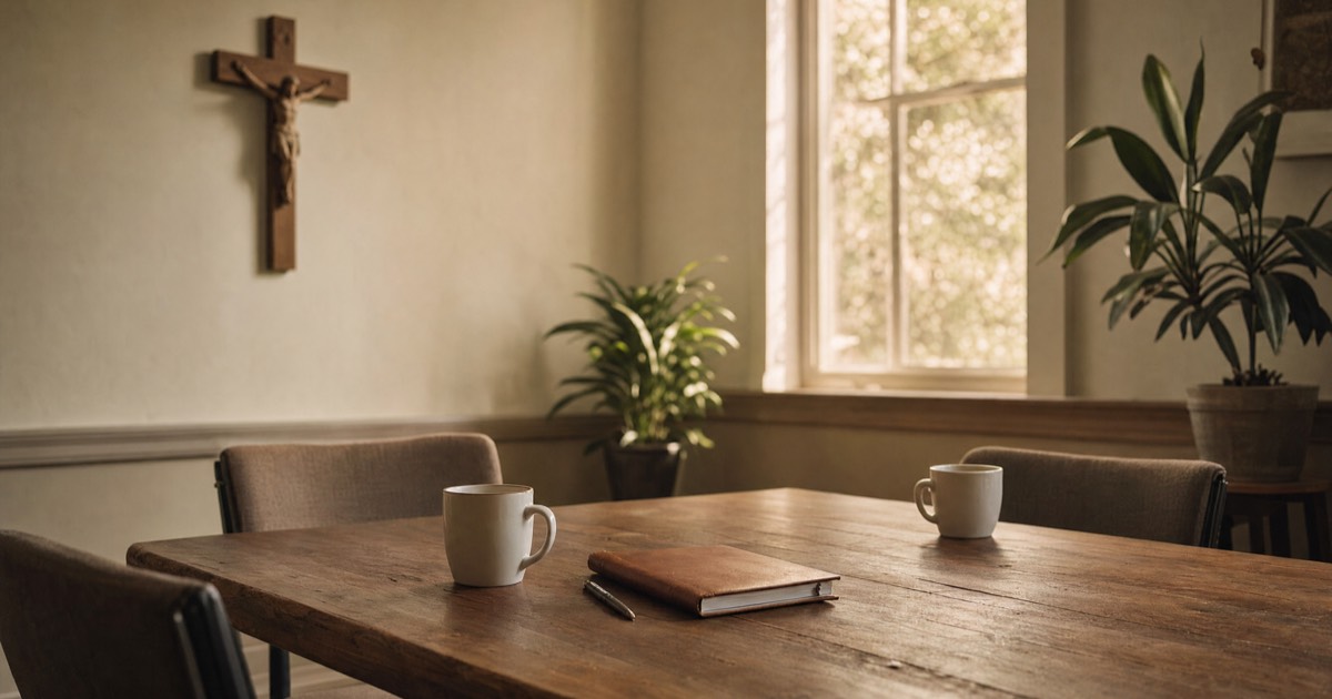 A couple reviewing notes at a wooden table in a parish seminar room with warm natural light