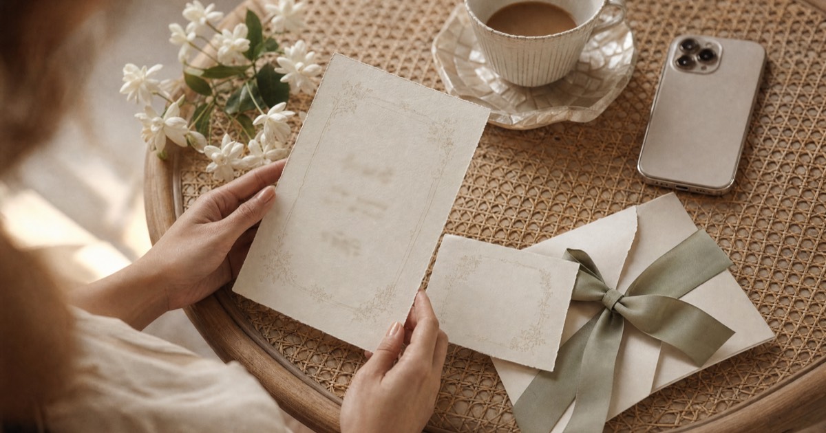 Hands holding a cream wedding invitation and reply card beside an envelope tied with sage ribbon, a cup of coffee and white sampaguita on a rattan table