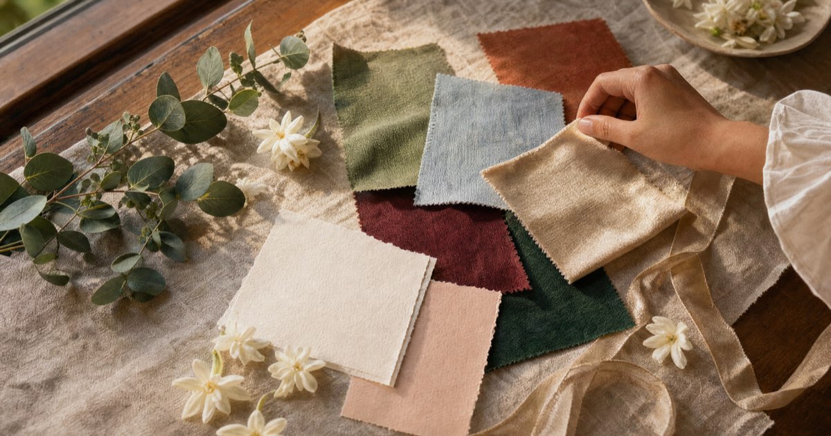 A hand arranging fabric swatches in sage, dusty blue, terracotta, burgundy, emerald and champagne on a linen tablecloth, with sampaguita flowers and eucalyptus