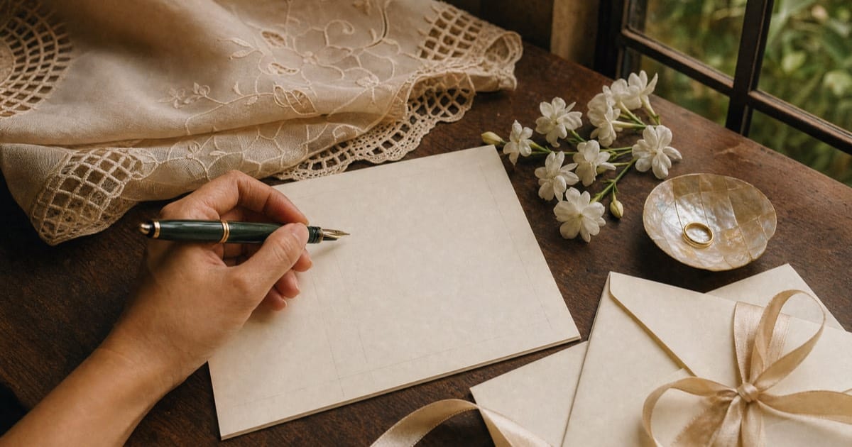 A hand holding a fountain pen over a blank cream invitation card, beside embroidered piña cloth, sampaguita and a capiz dish with a gold ring