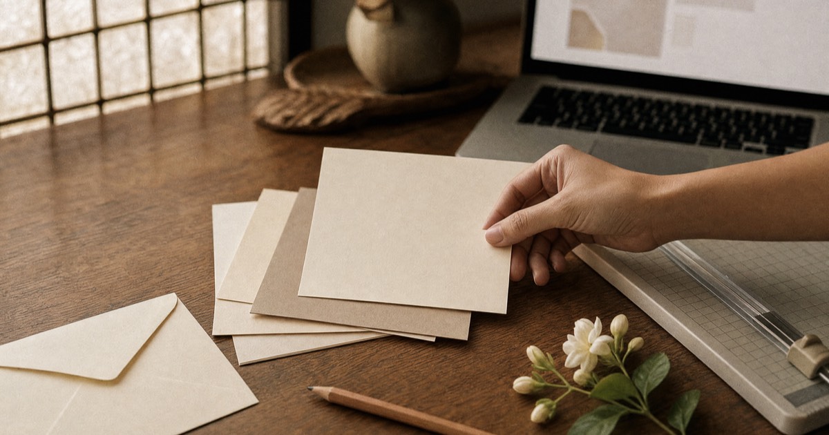 A hand picking up a blank cream invitation card from paper stock swatches on a wooden desk, beside a paper trimmer, an envelope and sampaguita
