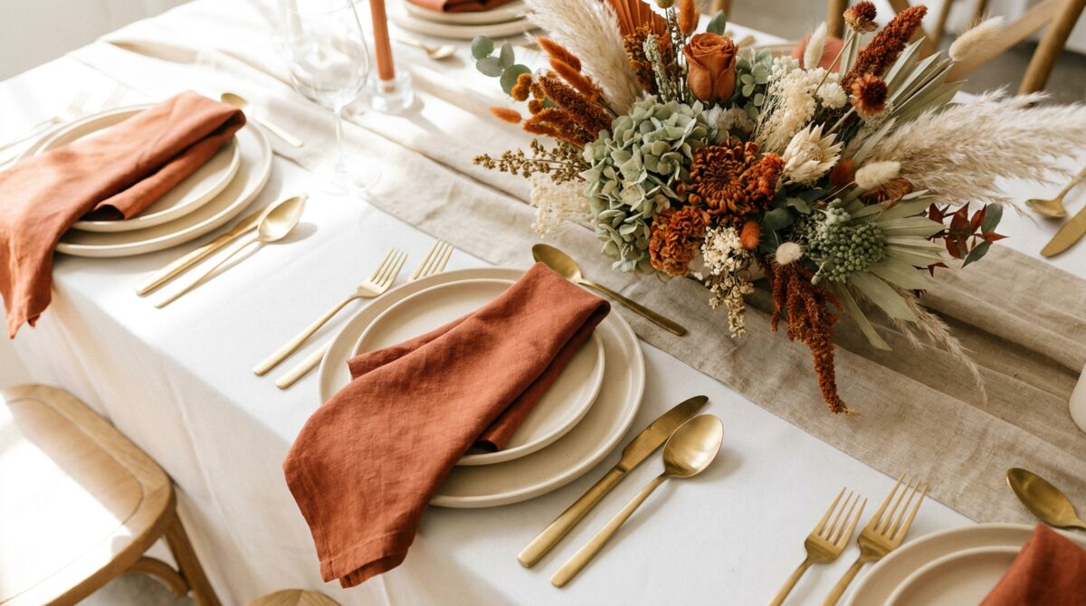 Reception table in ivory linen with terracotta napkins, gold cutlery and a dried-flower centerpiece of pampas, sage hydrangea and rust blooms