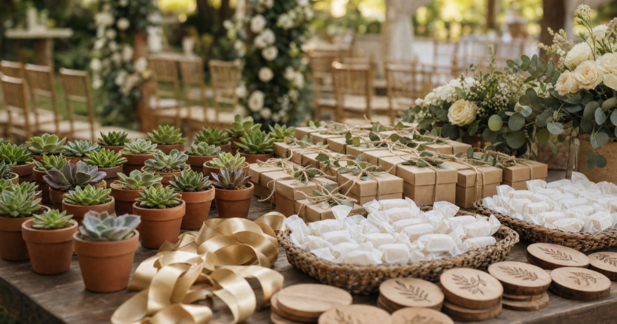 Wedding souvenir table with kraft paper gift boxes, wooden magnets, succulents, and polvoron boxes arranged on white linen with gold ribbon