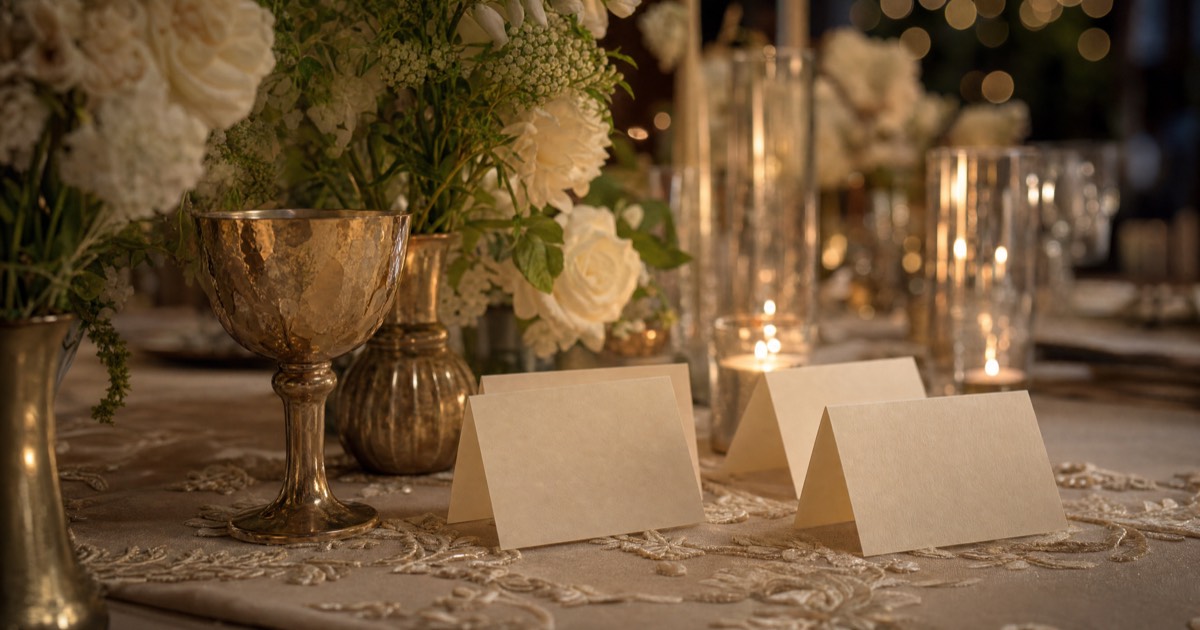 Close-up of hands holding handwritten notes on index cards at a warmly lit Filipino wedding reception table with blurred fairy lights in background