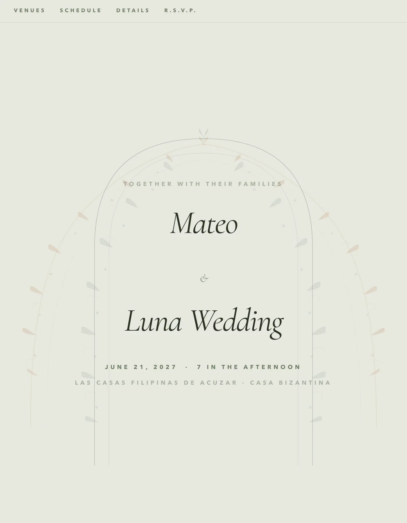 Terracotta sample invitation: couple's names in italic serif inside a thin line-drawn arch with small botanical sprigs, on warm sage-grey paper